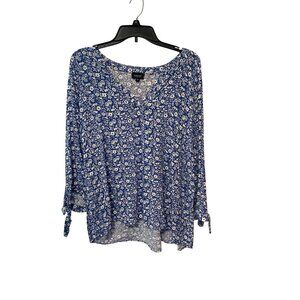 Jones & Co Womens Size 2x Blue Floral Tunic Top Shirt Blouse VNeck Tie Sleeve